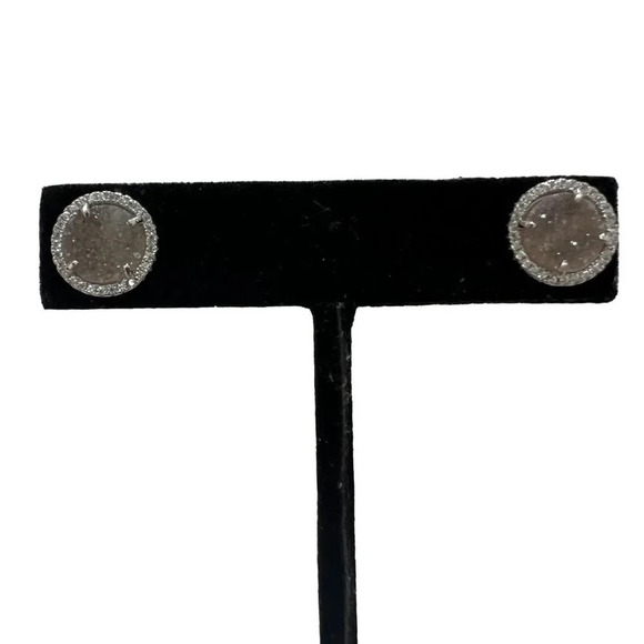 Round Druzy Pave CZ Sterling Silver Stud Earrings - Picture 3 of 7